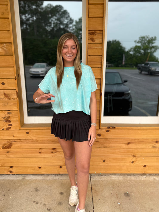 Washed Crew Neck Short Sleeve Crop Box Tee - Mint Sky - CTW - 3388A5