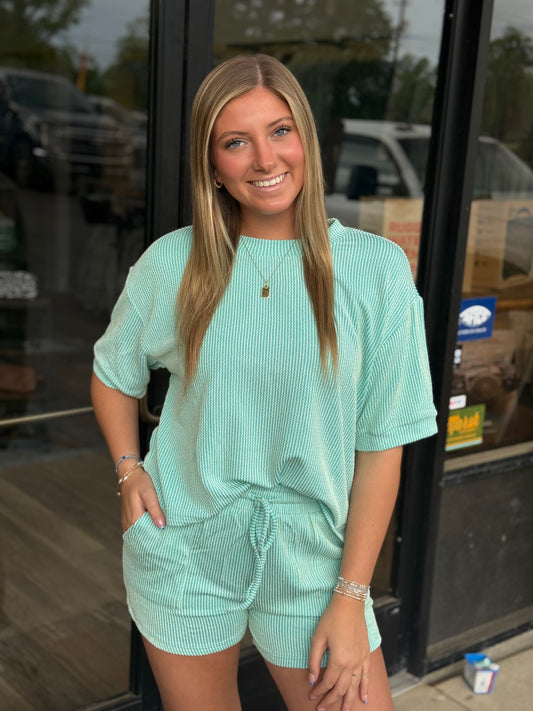 RIBBED ROUND NECK TOP AND SHORTS SET: SEAFOAM
