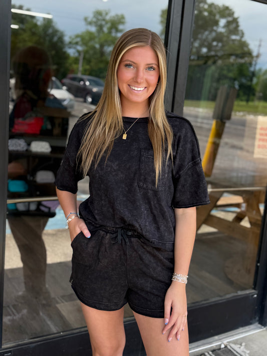 Mineral Washed Comfy Knit Top & Shorts Set: BLACK