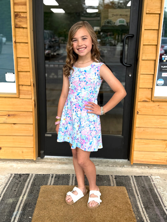 Sleeveless blue pink floral baby girls athletic dress