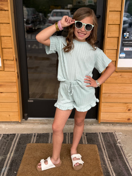 Embossed Ribbed Knit Ruffle Set: Mint