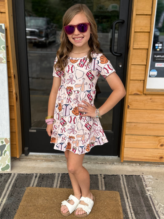 Short sleeves baseball bow baby girls ruffle dresses
