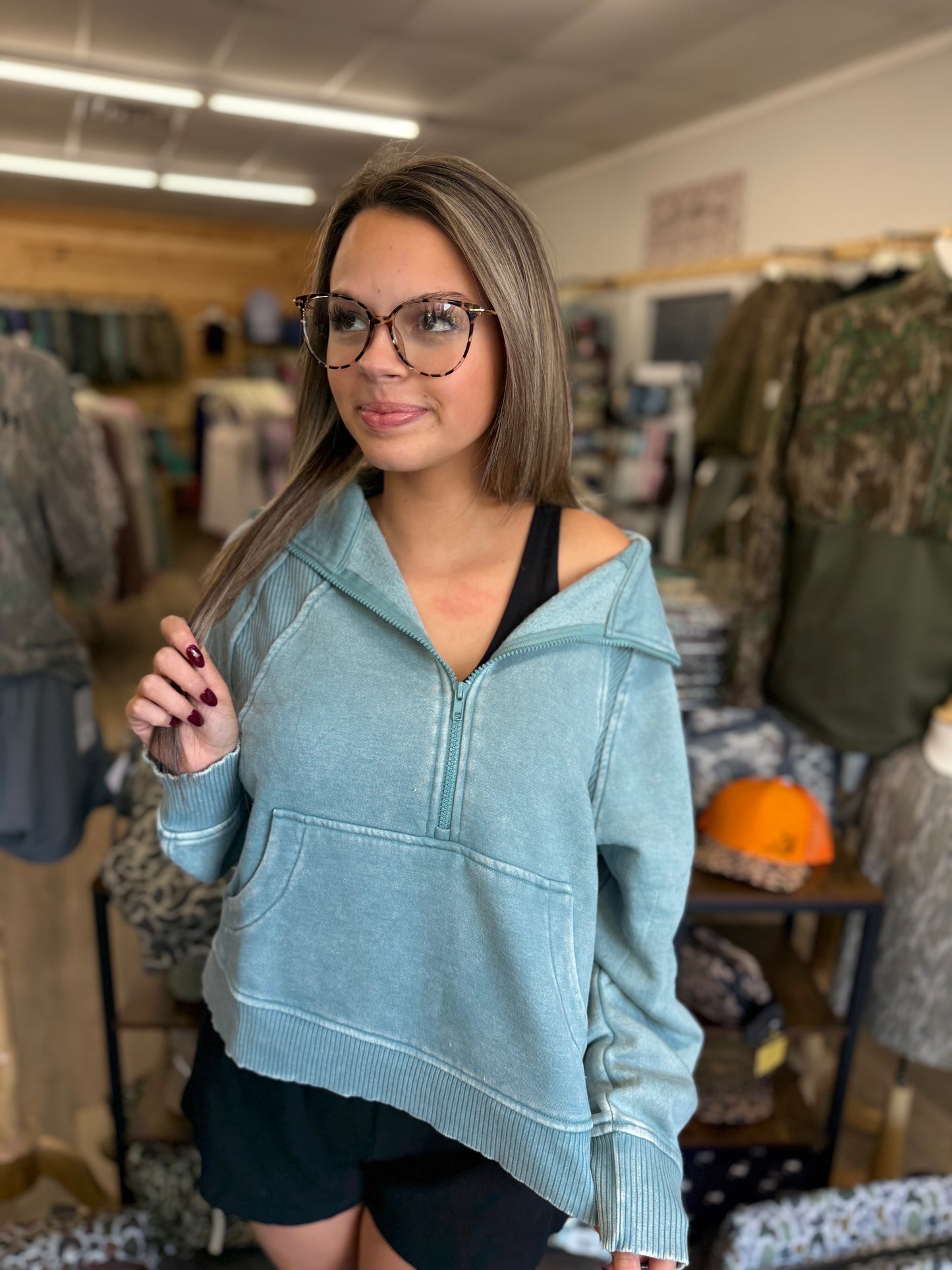 Acid washed half zip fleece pullover kangaroo pocket - Ash Blue OTW-4370Y