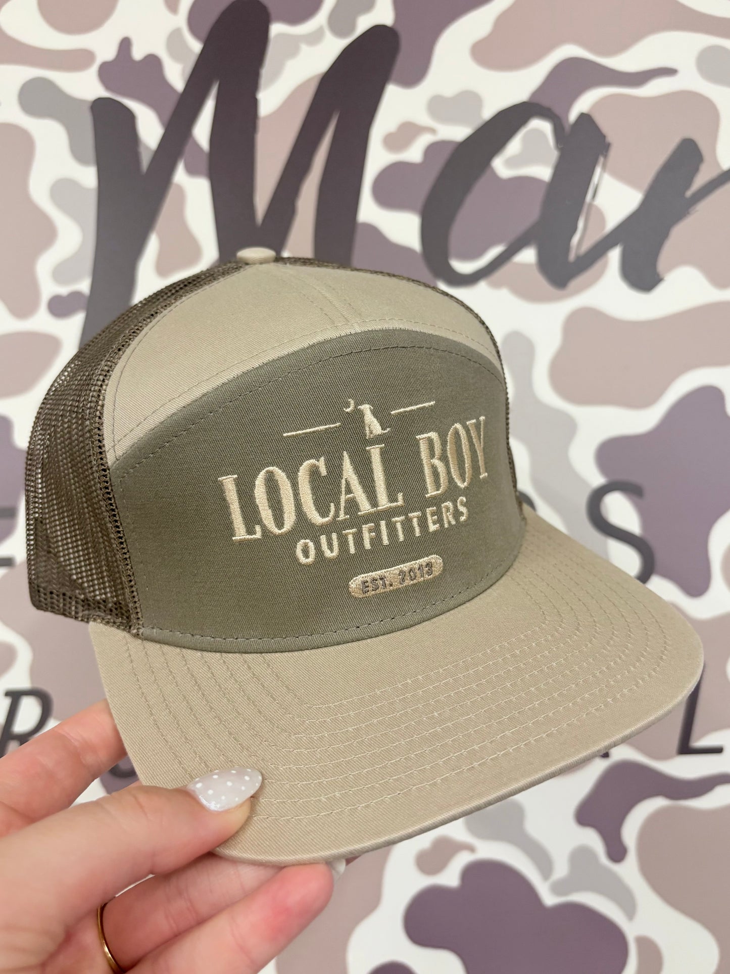 Local Boy Lucky Text 7 Panel Hat- Tan/Dark Tan