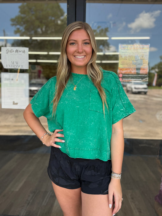 Acid Crinkle-Washed Oversized Crop Box Tee - K Green - CTW-3389A5