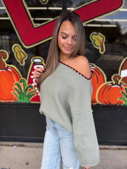 BOAT NECK TRIANGLE STITCH PUFF SLEEVE SWEATER MSW11245: MINT BURGUNDY