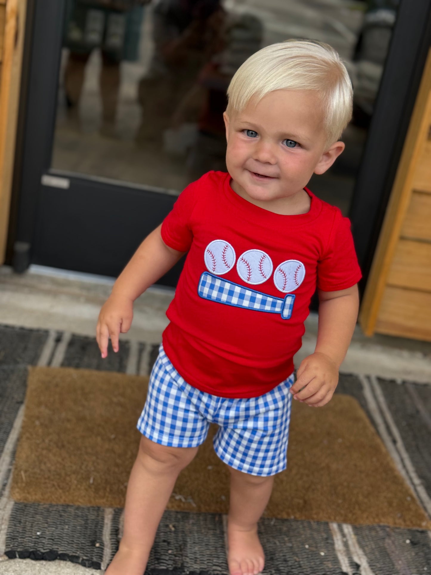 Red baseball shirt plaid shorts kids boys outfits: Boy set