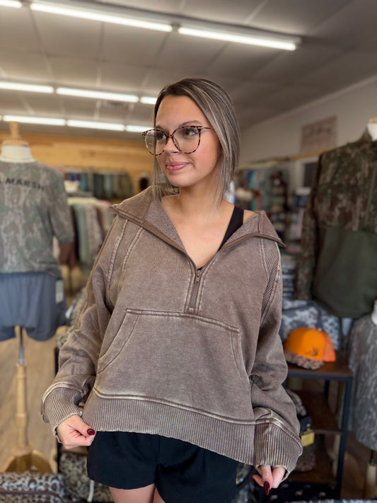 Acid washed half zip fleece pullover kangaroo pocket - Mocha