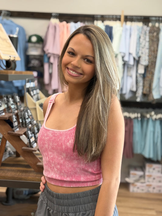 Washed Seamless Square Neck Bra Padded Tank Top - Ash Pink NTW- 6267A