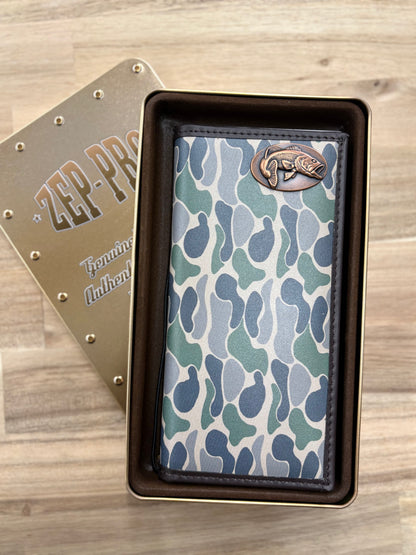 Bass Men's Secretary Old School Camo Leather Wallet.: Green/Gray Camo