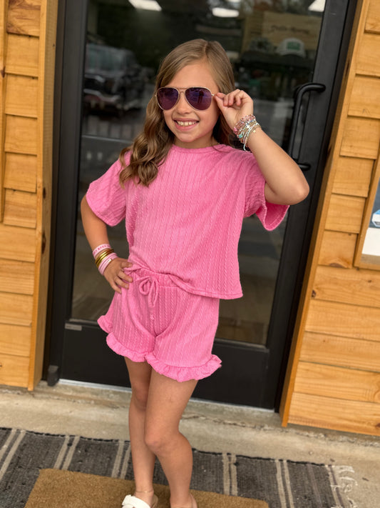 Embossed Ribbed Knit Ruffle Set: Pink