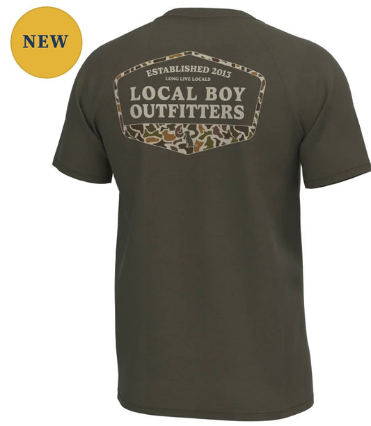 Local Boy Graphic S/S Heather Blend Crew - Vintage ESTD Badge - Espresso