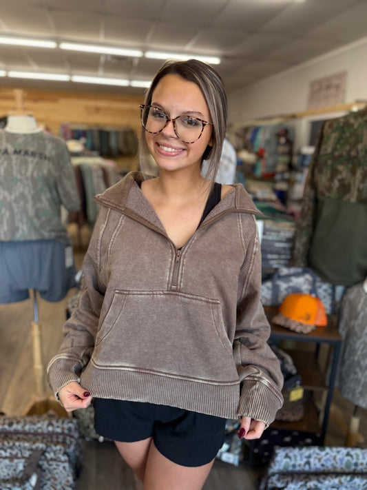 Acid washed half zip fleece pullover kangaroo pocket - Mocha