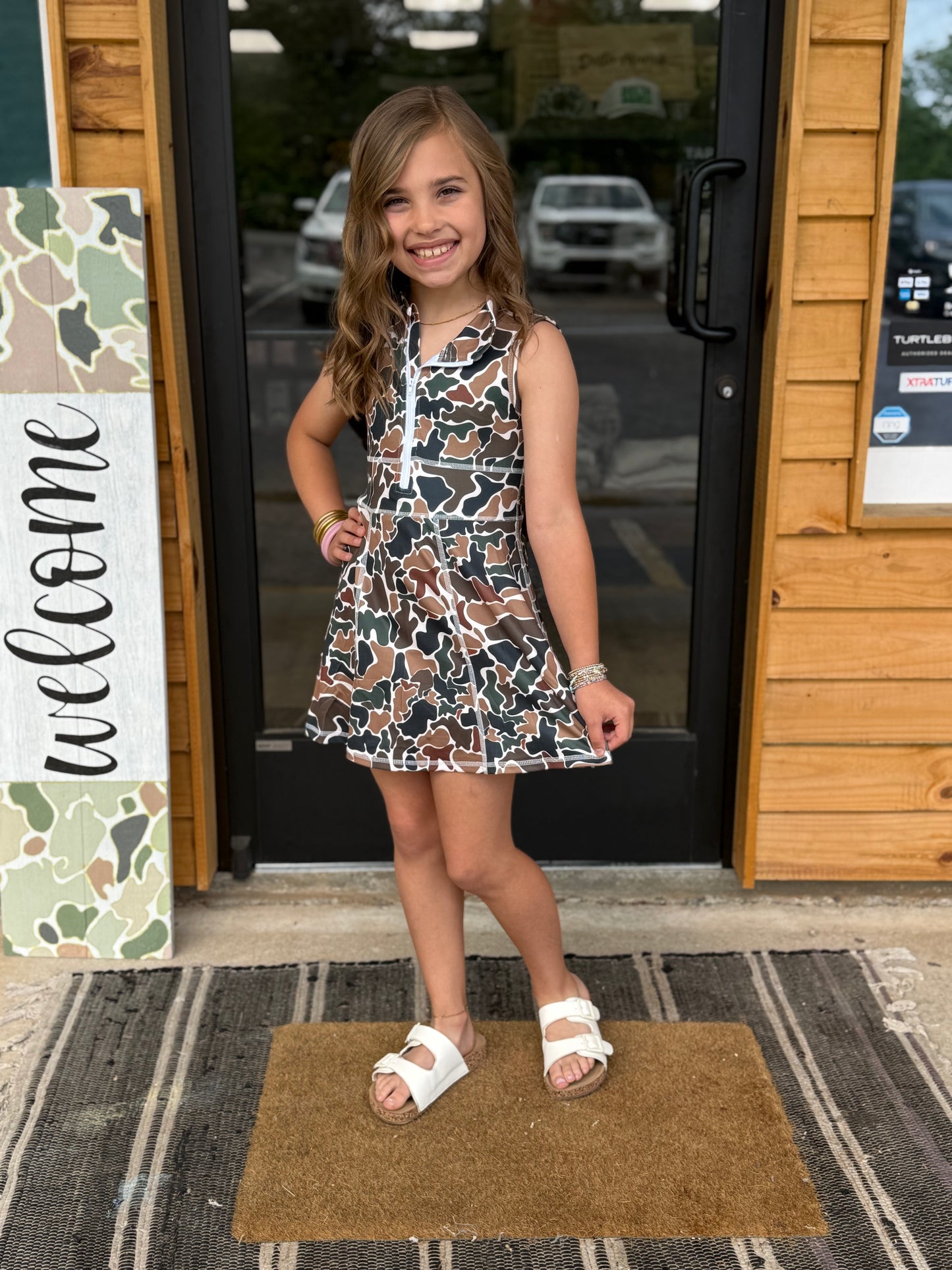 Brown camo sleeveless zipper athletic dress with shorts