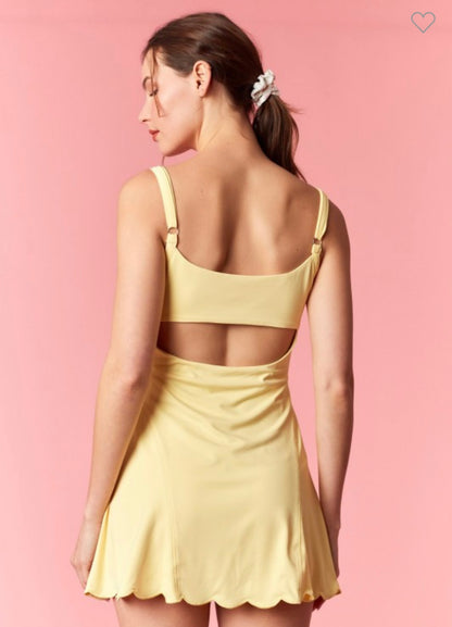 Scalloped Embroidery Edge A-Line Romper - Lemon