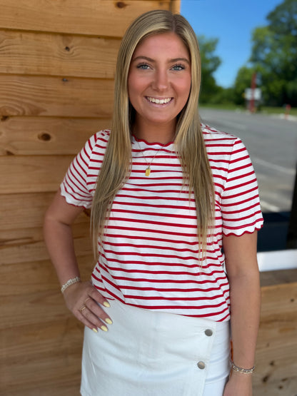 LAS Stripe Scalloped Trim Round Neck T Shirt : Red / Missy