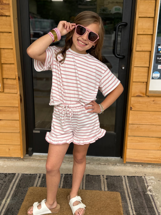Stripe Crop Top and Ruffle Shorts Set: Dusty Pink