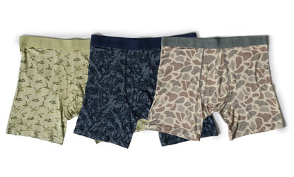 Burlebo Boxer Briefs - Classic Deer Camo, Digi Camo Navy, Flying Mallards Green