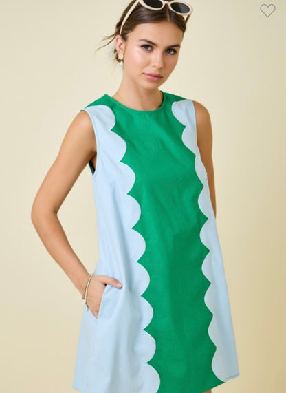 Cotton Blend Sleeveless Dress w/Scalloped Panels