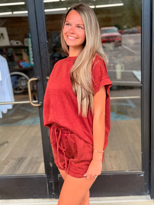 GAME DAY Mineral Washed Top and Shorts Set: BURGUNDY