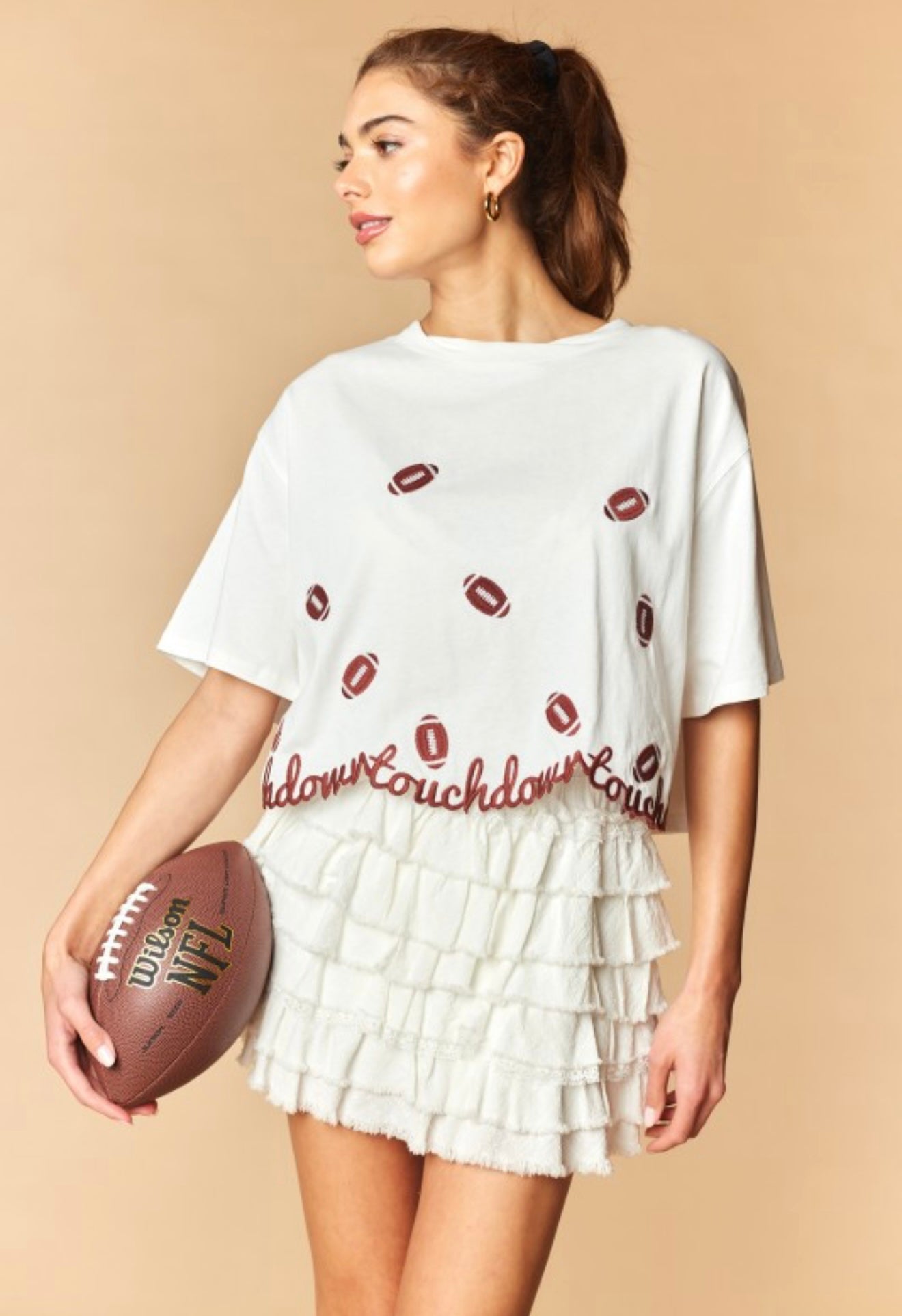 Touchdown Football Embroidery Cropped Tee - White
