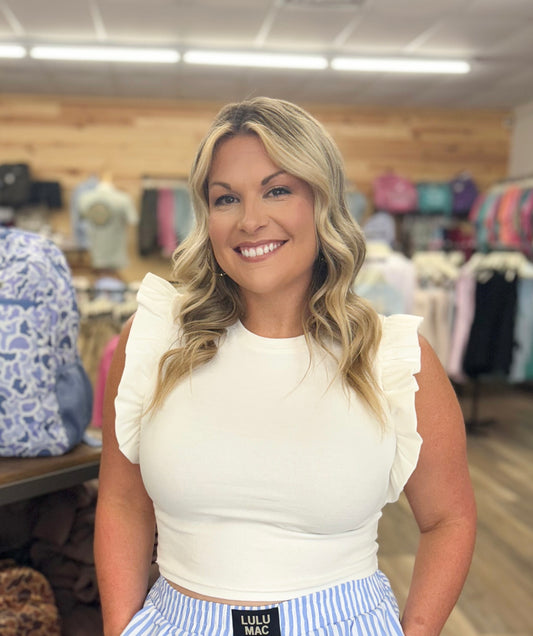CT6639A - GAME DAY RUFFLE CAP SLEEVE TOP: White