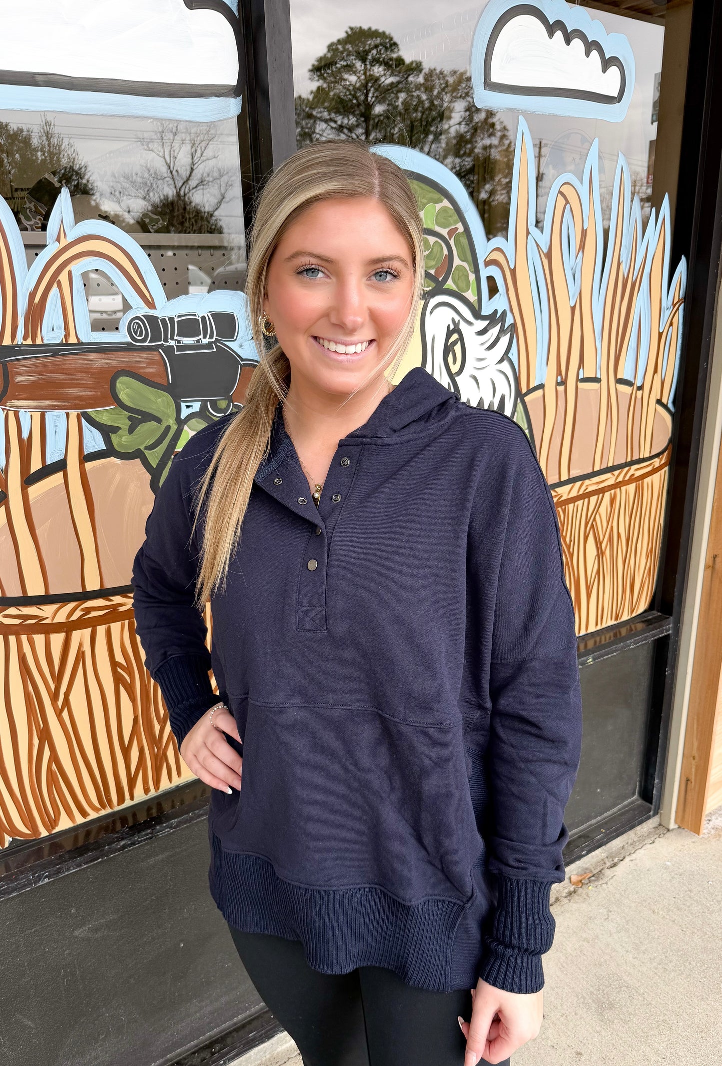 IT1160B French Terry Oversized Solid Hoodie Top: NAVY