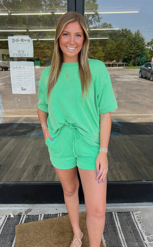 RIBBED ROUND NECK TOP AND SHORTS SET: Green