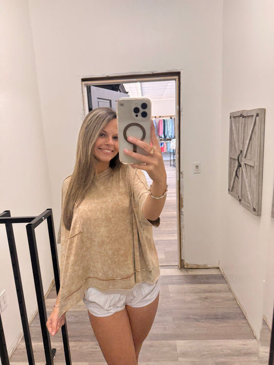 Halo Snow Washed Oversized Crop Box Tee - Brown - CTW- 3390A5