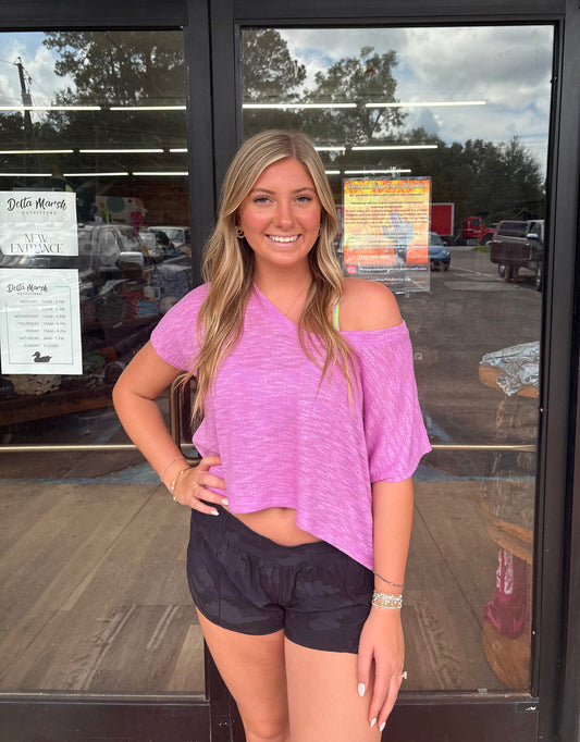V-neck Drop Shoulder Slub Hacci Crop Top - Bright Mauve - HT - 2361Y