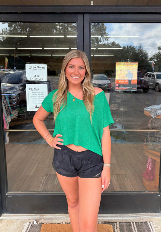 V-neck Drop Shoulder Slub Hacci Crop Top - K Green - HT - 2361Y