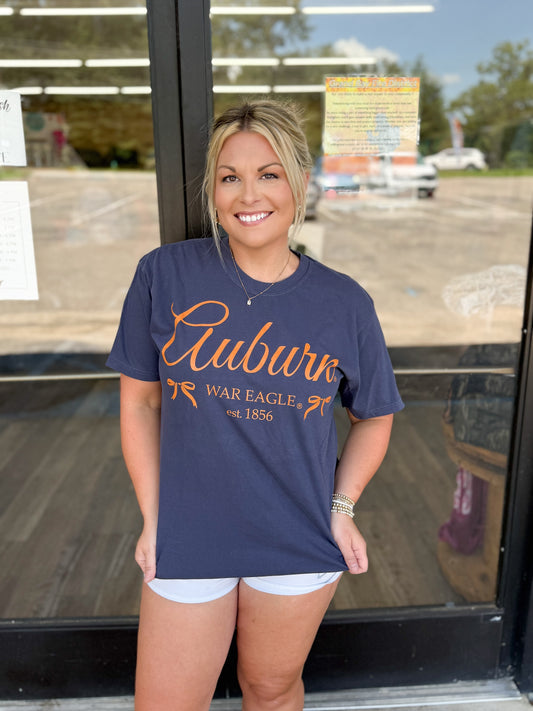Auburn Tigers Established Bows Navy Comfort Colors Tee
