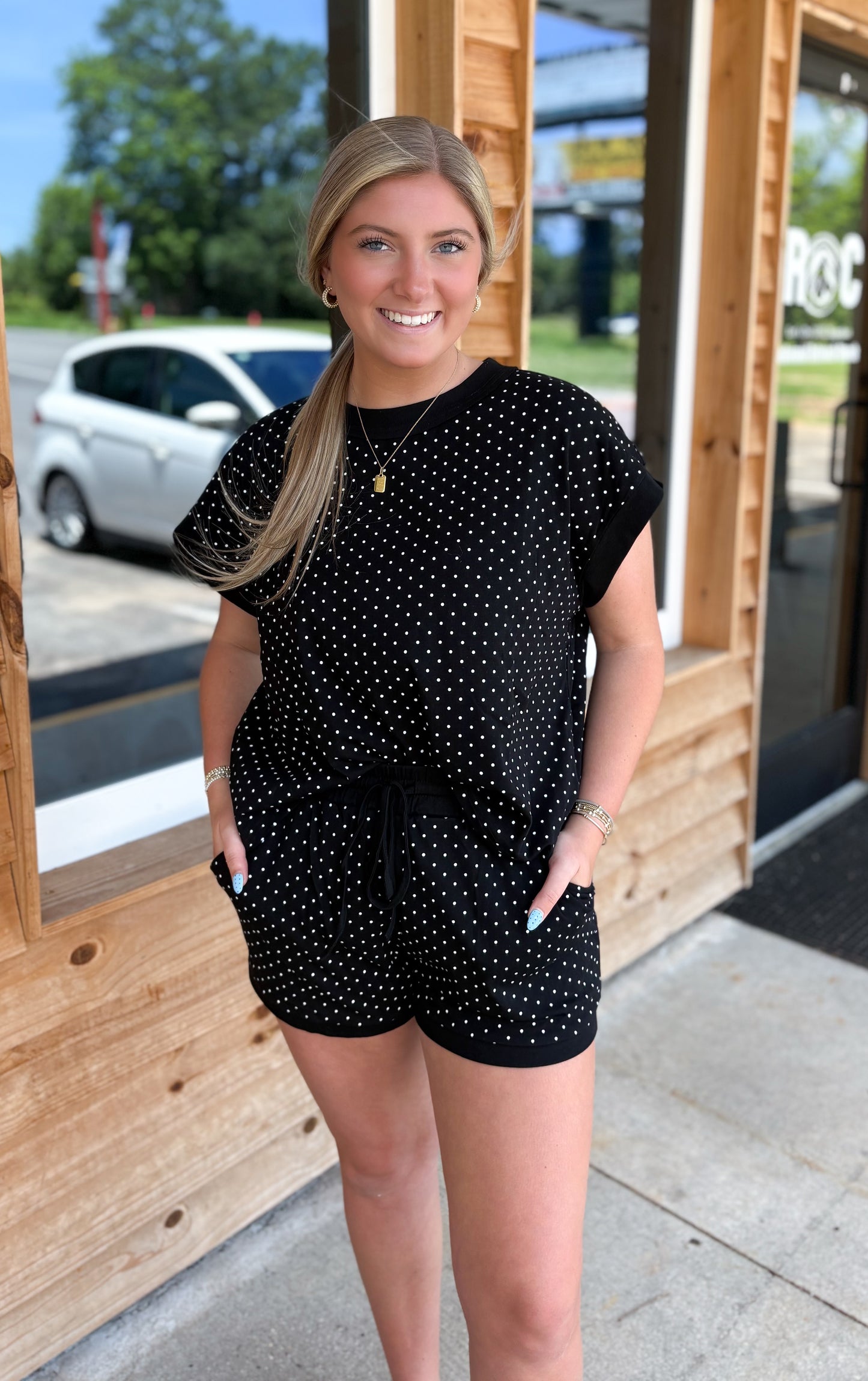 Polka Dot Stretch Knit Top & Shorts Set: BLACK