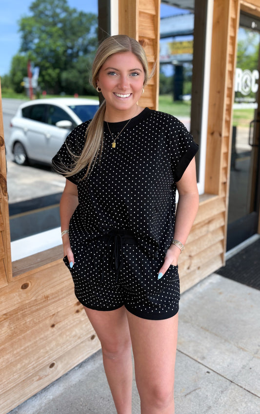Polka Dot Stretch Knit Top & Shorts Set: BLACK