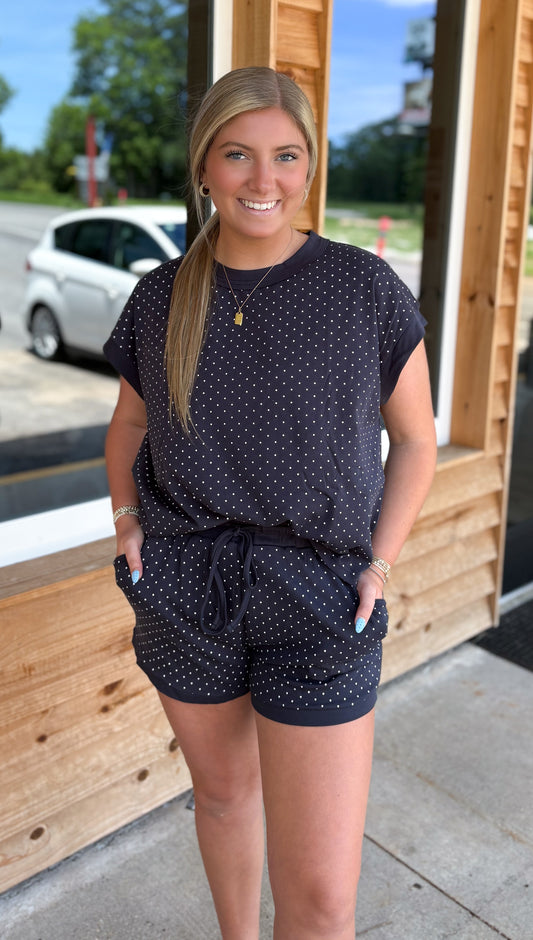 Polka Dot Stretch Knit Top & Shorts Set: NAVY