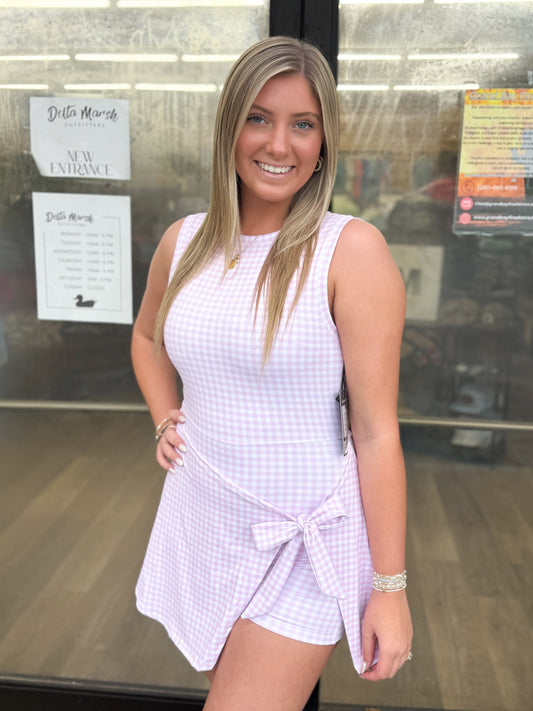 Gingham Print Sleeveless Wrap Tie Front Dress : Pink Gingham