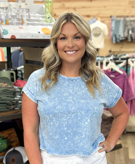 Washed cotton cuffed short sleeve top - Deep Sky - CTW - 3308Y