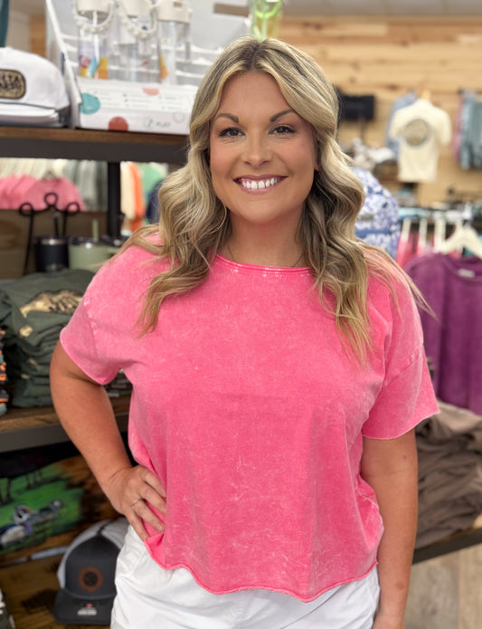 Washed Crew Neck Short Sleeve Crop Box Tee - Fuchsia - CTW - 3388A5