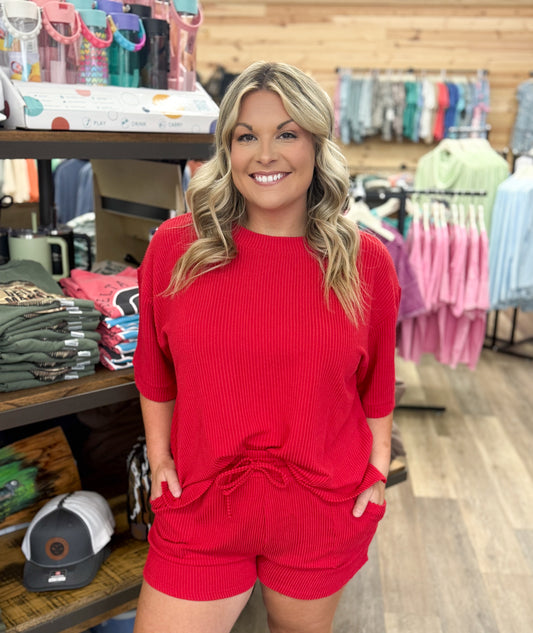 Ribbed Knit Lounge Set: RED
