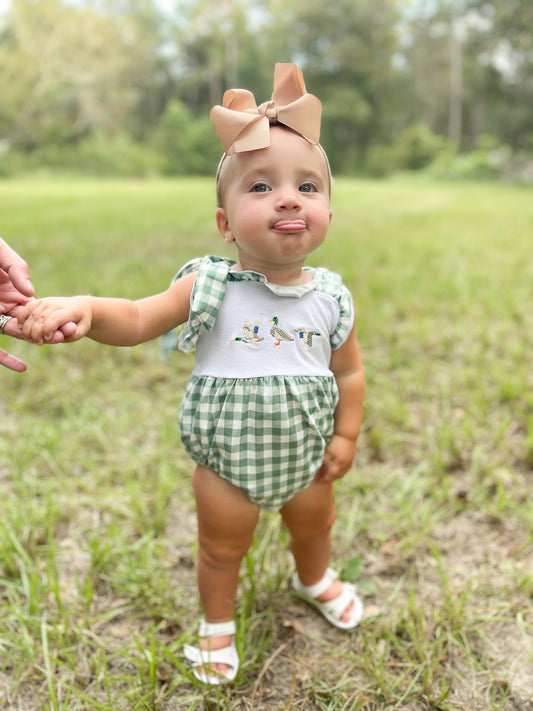 Green plaid straps duck baby girls summer romper