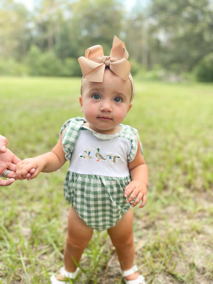 Green plaid straps duck baby girls summer romper