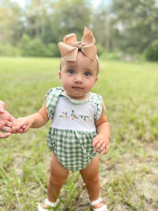 Green plaid straps duck baby girls summer romper