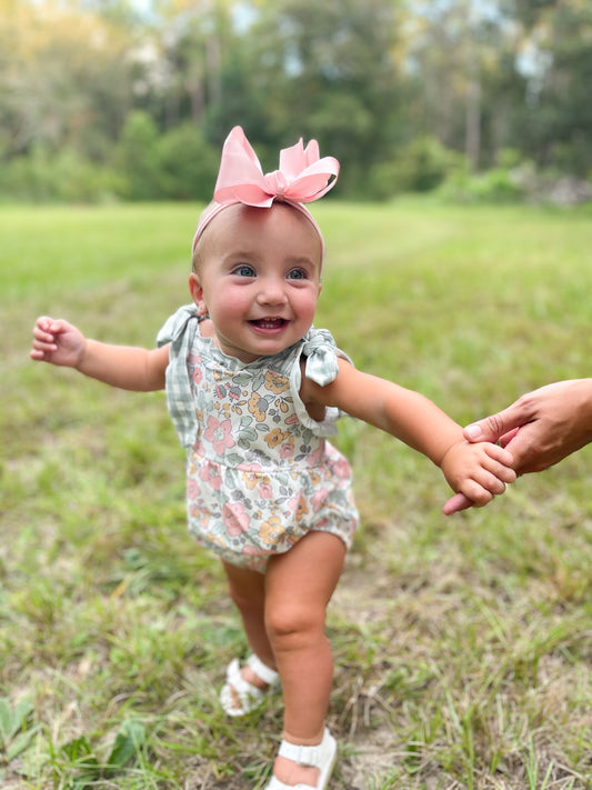 Plaid suspender floral baby girls summer romper