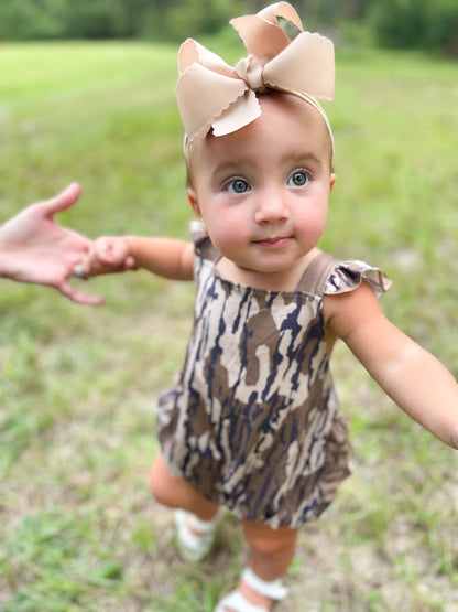 Olive camo ruffle baby girls summer romper