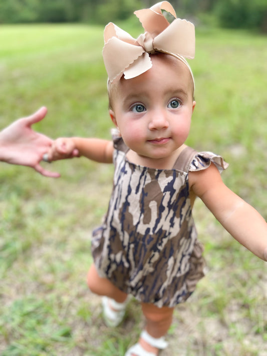 Olive camo ruffle baby girls summer romper