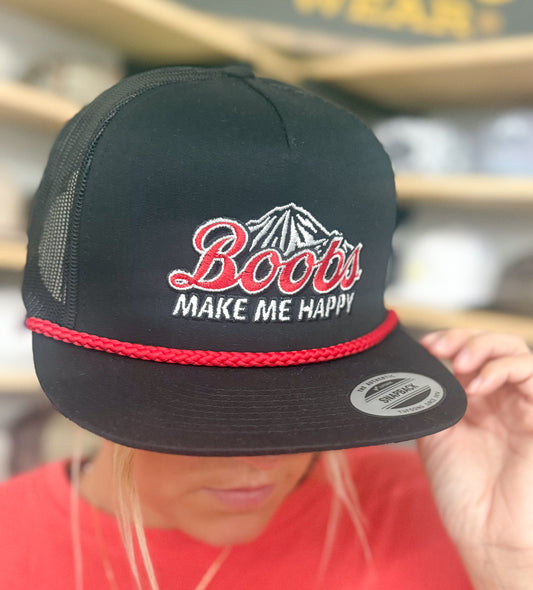 MHC Boobs Make Me Happy Trucker Hat: Black/ Red Rope Yupoong