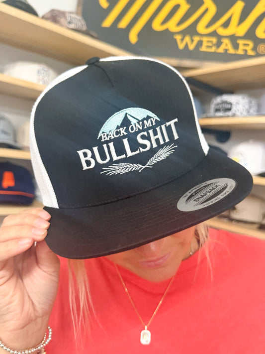MHC Back on My Bullshit Trucker Hat - Mountains: 6006 Yupoong Black/ White