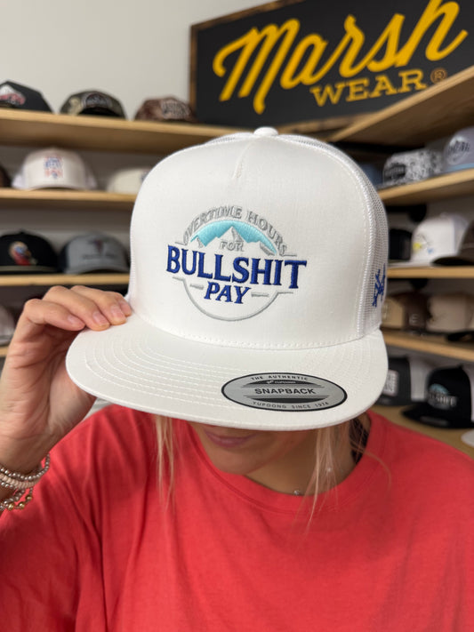 MHC Overtime Hours Trucker Hat: Yupoong 6006 White