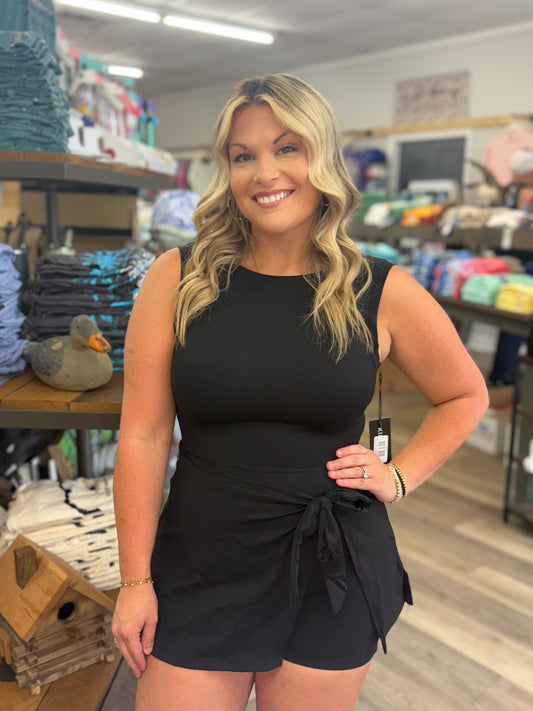 Sleeveless Wrap Tie Front Dress: Black