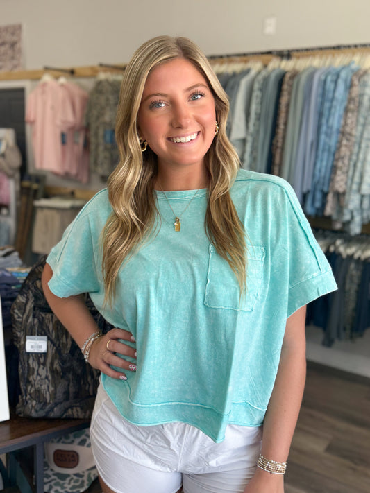 Halo Snow Washed Oversized Crop Box Tee -Mint - CTW- 3390A